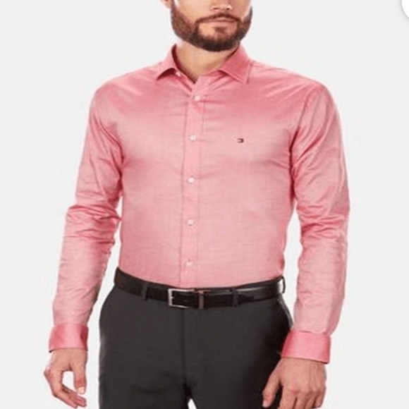 Tommy Hilfiger Men's Classic/Regular Fit Stretch Solid Dress Shirt,Cherry - Picture 4 of 11